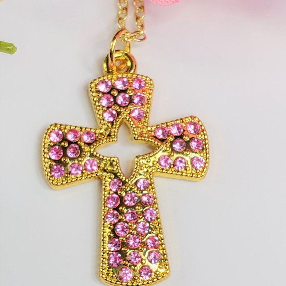 Pink Pave Crystal Cross Necklace - Picture 4 of 14